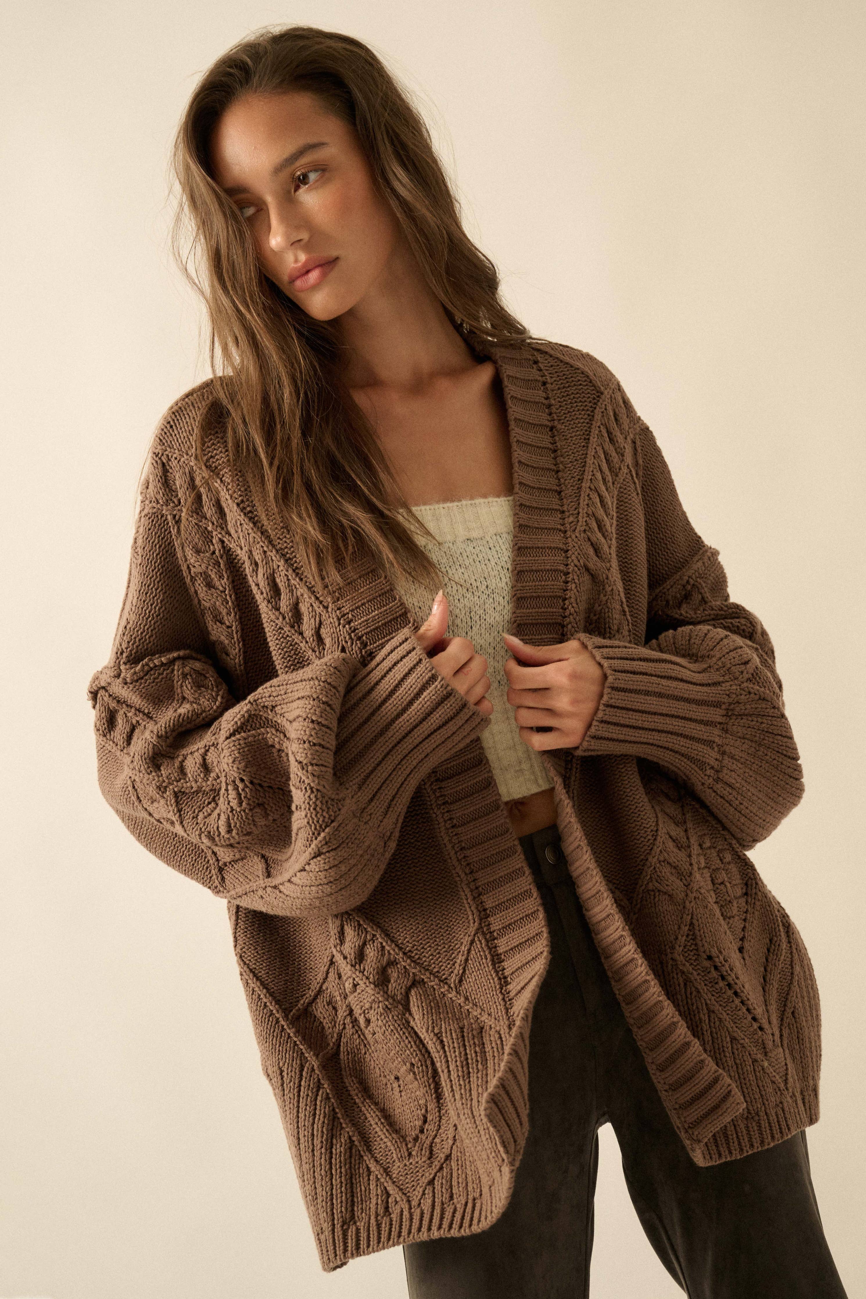 Cable-Knit Oversize Balloon-Sleeve Cardigan: Mocha - XAYUYUE