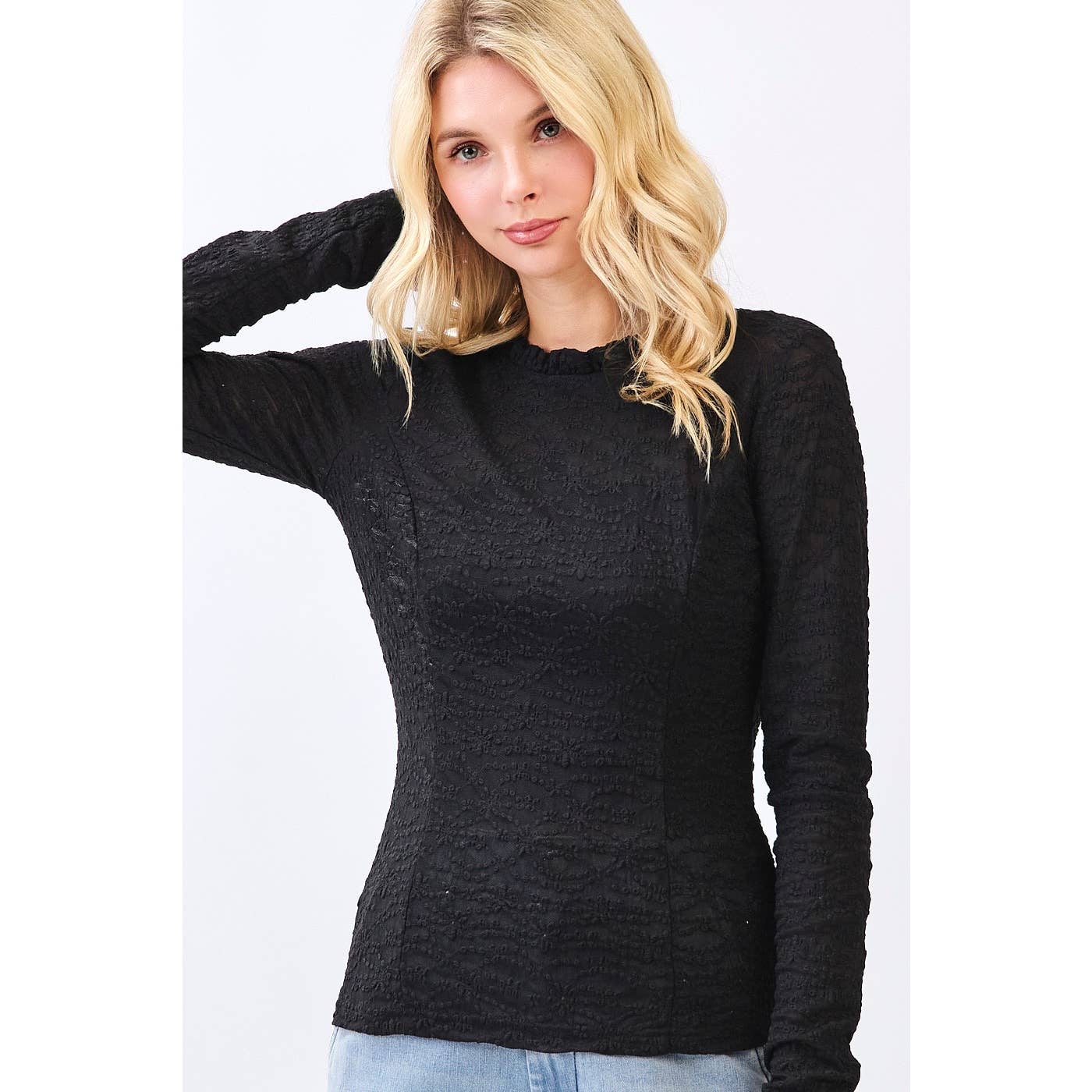 LACE LONG SLEEVE RUFFLE NECK LAYERING TOP: BLACK - XAYUYUE