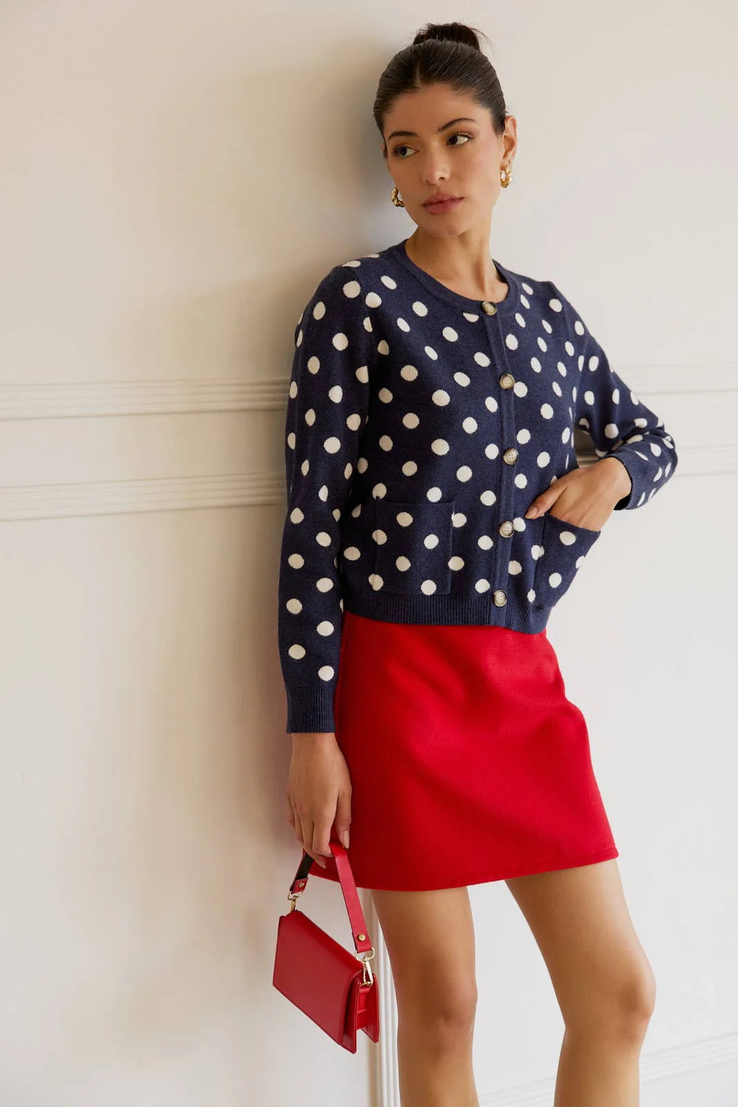 ROUND NECK BUTTON UP POLKA DOT SWEATER CARDIGAN - XAYUYUE