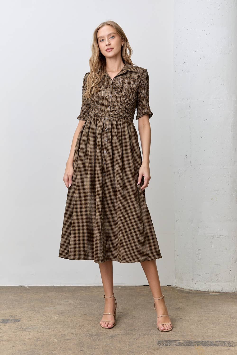GINGHAM BUTTON UP MIDI DRESS: DARK BROWN/NAVY - XAYUYUE