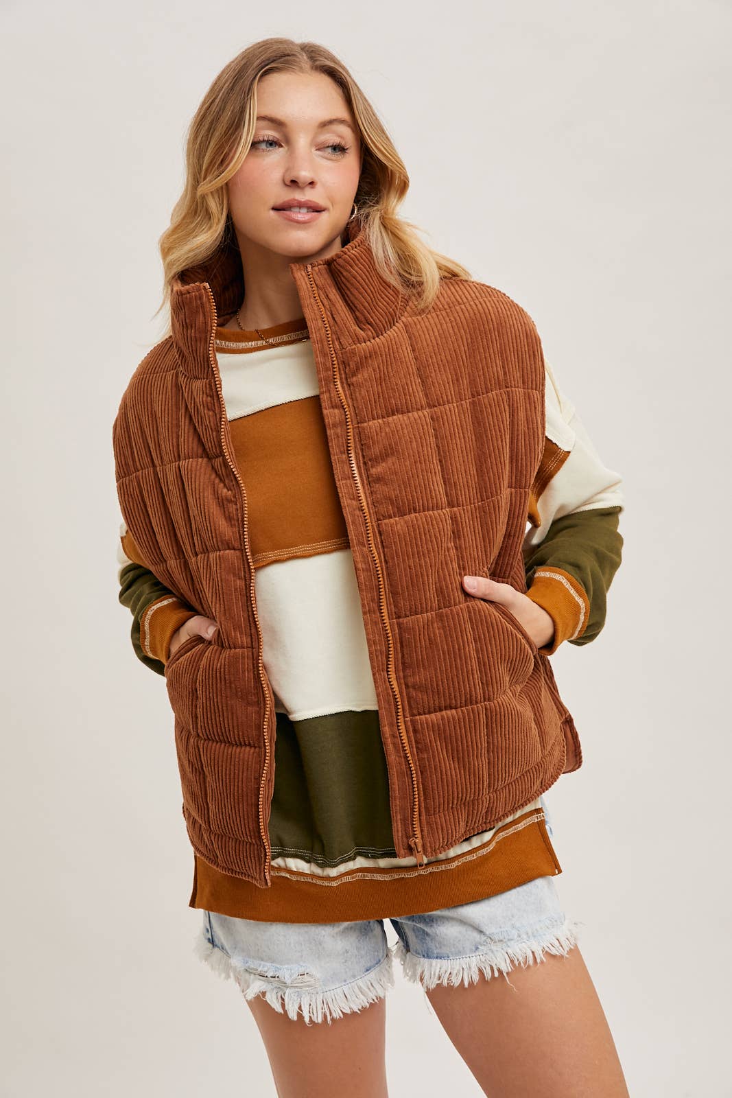 CORDUROY QUILTED PUFFER VEST: CAMEL / M - XAYUYUE