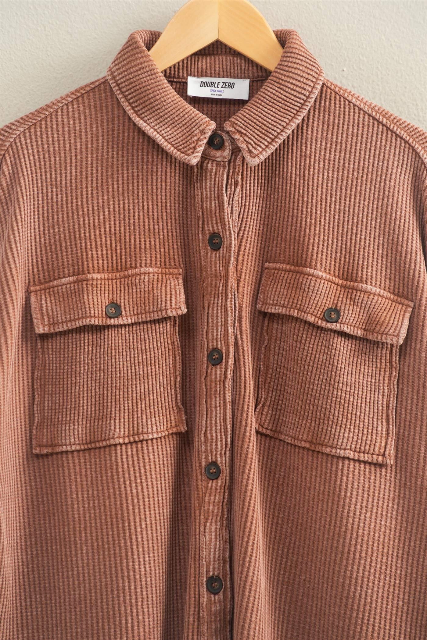 Oversized Mineral Washed Waffle Button Up Shacket - XAYUYUE