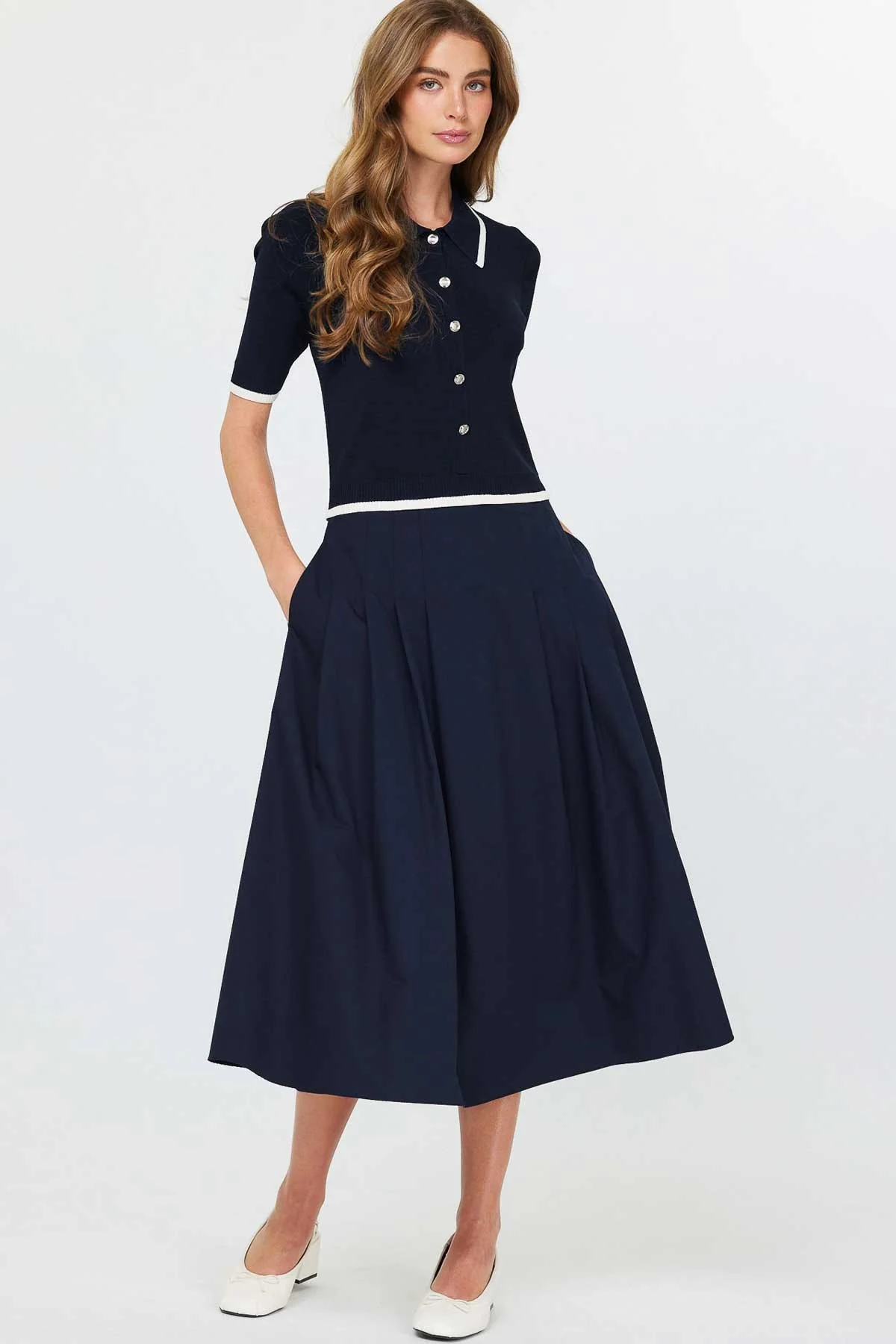 Polo Sweater Top & Woven Skirt Midi Dress - XAYUYUE