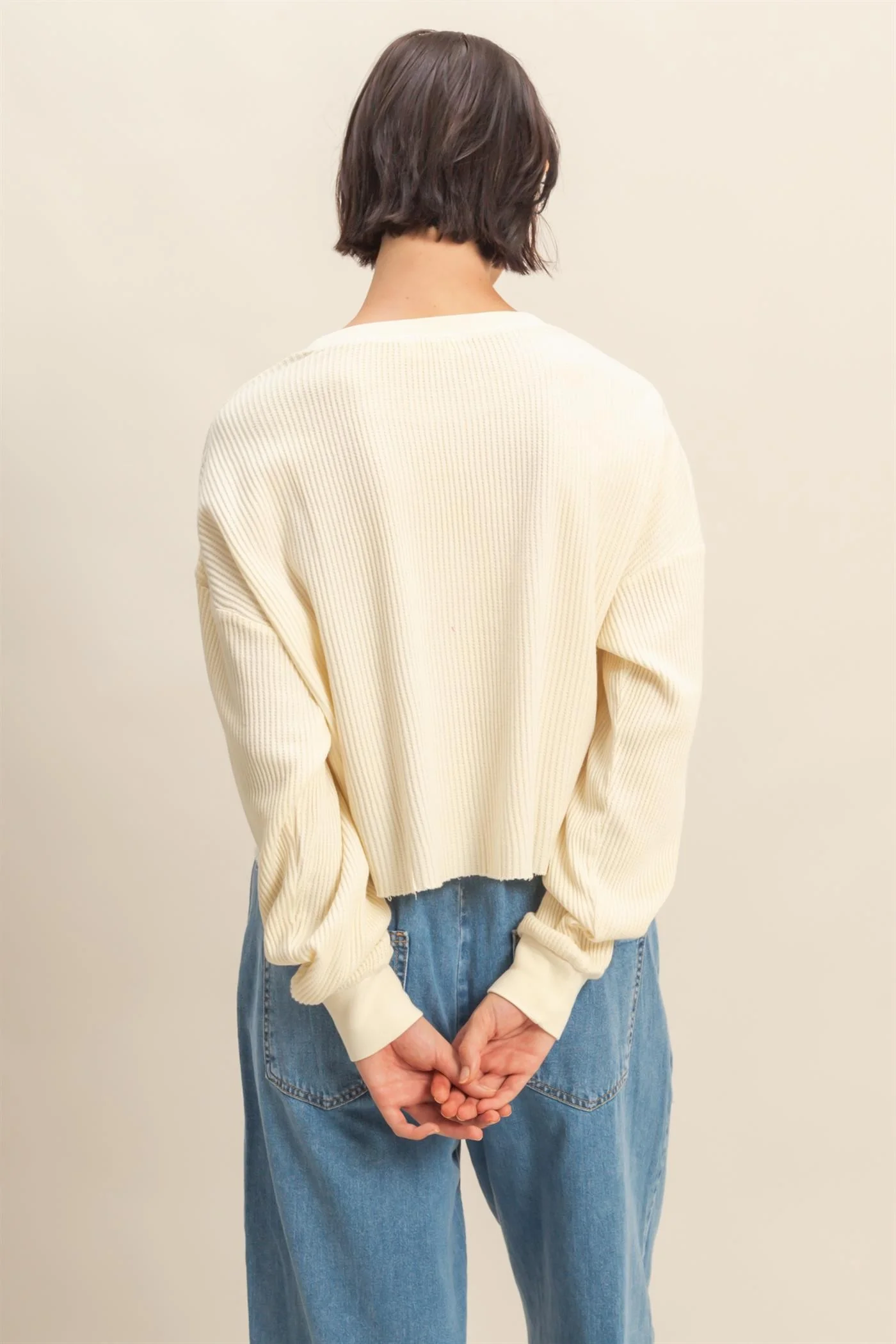 Mineral Washed Waffle Long Sleeve Top - XAYUYUE