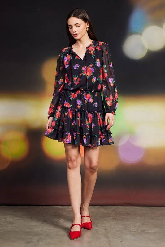 Floral Printed Ruffle Mini Dress: Black-Multi - XAYUYUE