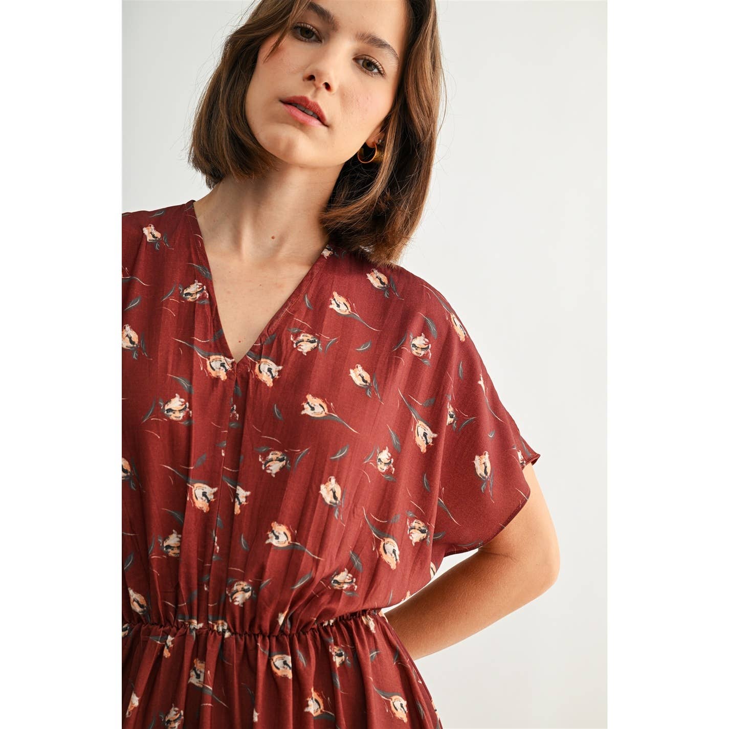 FLOWER PRINTED CRINKLE SATIN DRESS: Rust - XAYUYUE