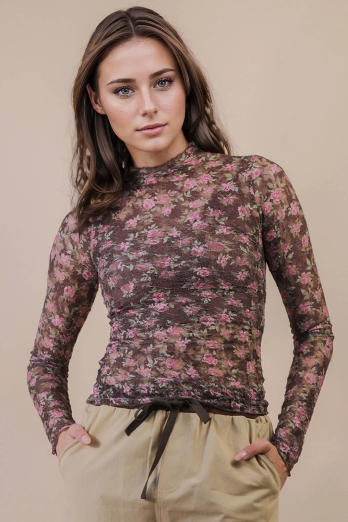High Neck Fitted Sheer Mesh Lace Knit Top: CHOCOLATE FLORAL - XAYUYUE