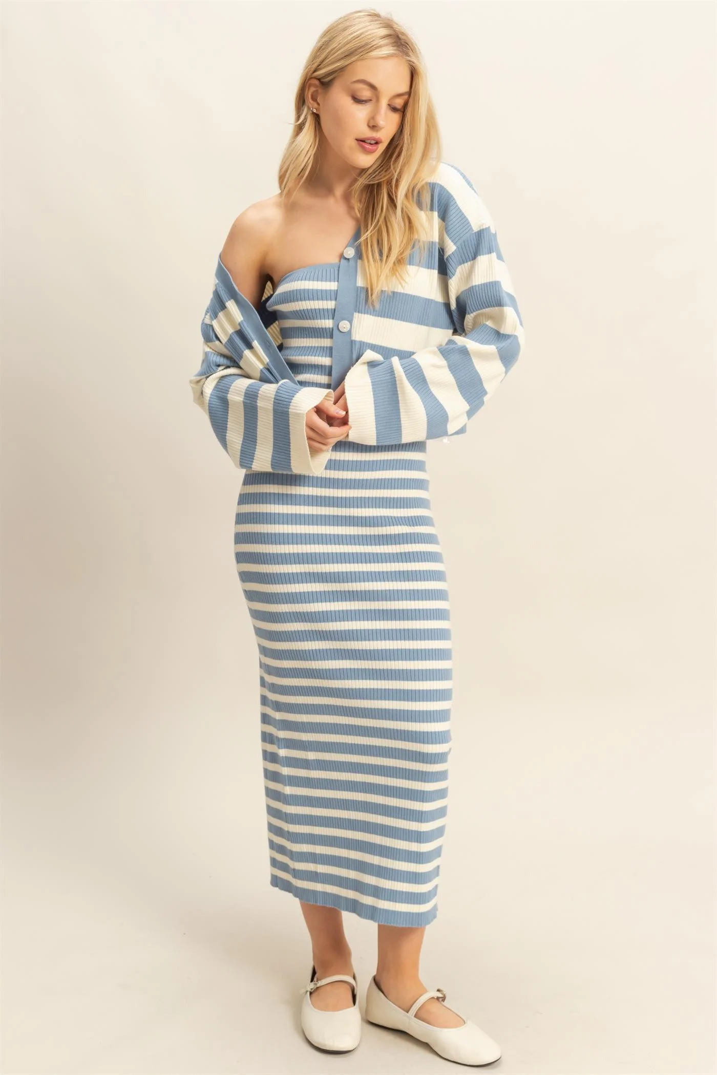 Striped Sweater Cardigan And Dress Set - XAYUYUE