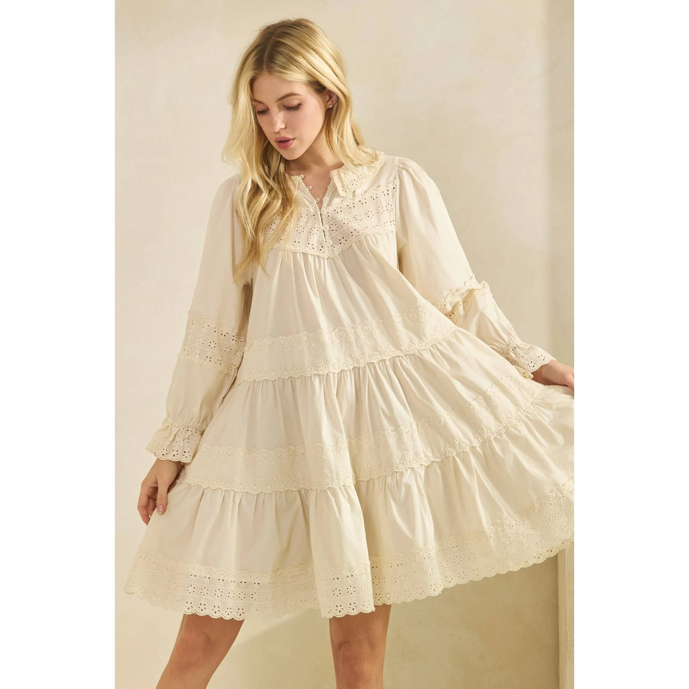 Eyelet Lace Tiered Babydoll Dress - XAYUYUE