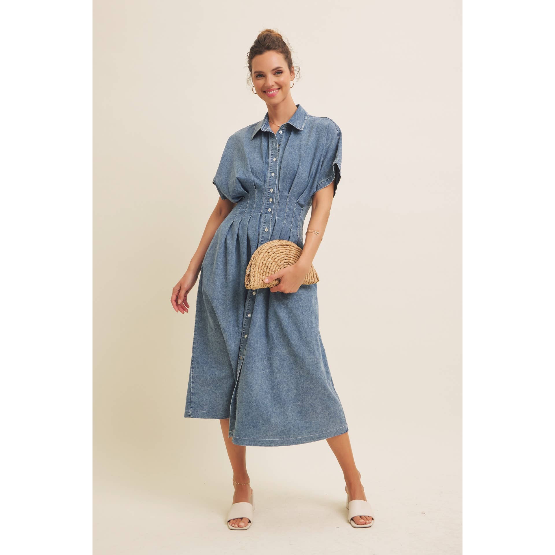 STRETCHY DENIM MIDI DRESS WITH MINERAL-WASHED: WASHED DENIM / L - XAYUYUE