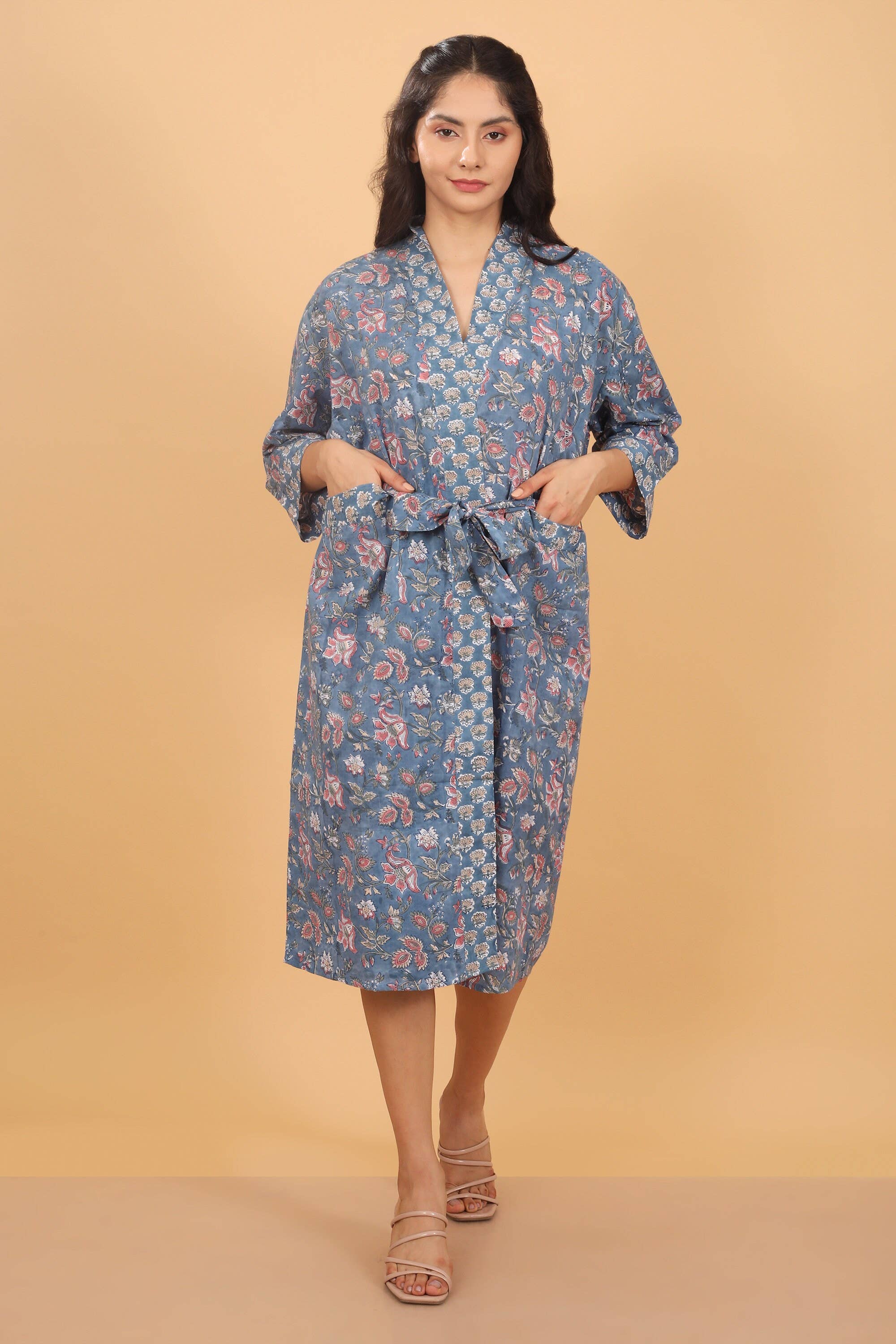 Vintage Floral Cotton Kimono Robe, Boho Bridal Dressing Gown - XAYUYUE