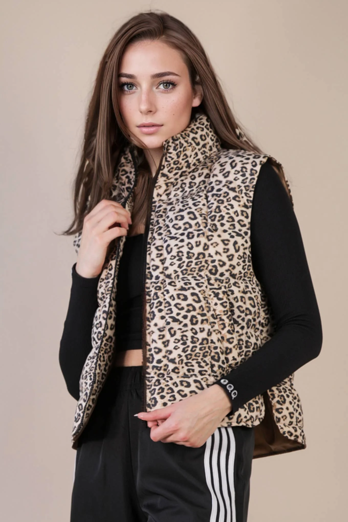 Solid & Leopard Puffer Padded Warm Vest: LEOPARD - XAYUYUE