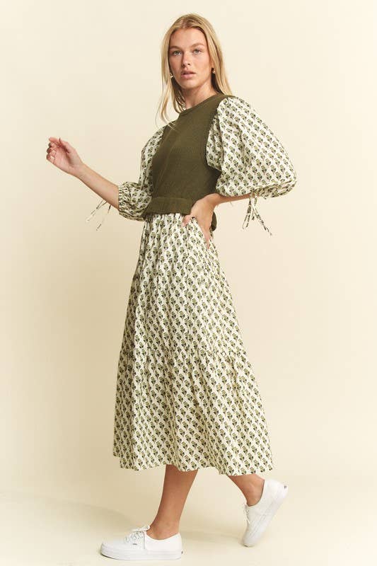 Floral Print Mixed Media Tiered Midi Dress : Olive - XAYUYUE