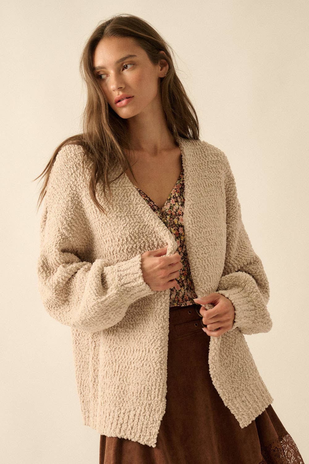 Textured Popcorn Knit Open-Front Cardigan - XAYUYUE
