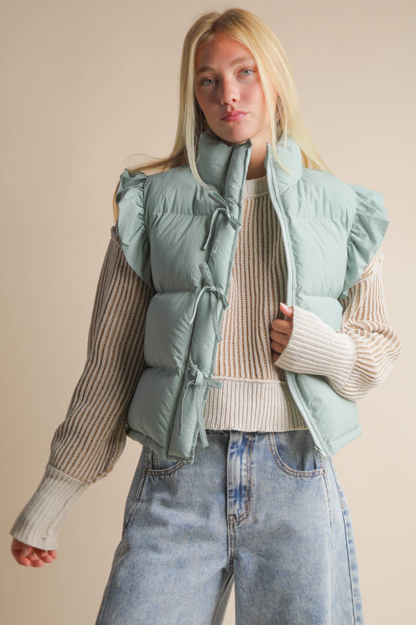 Front Bow Ruffle Sleeve Puffer Vest: SAGE - XAYUYUE
