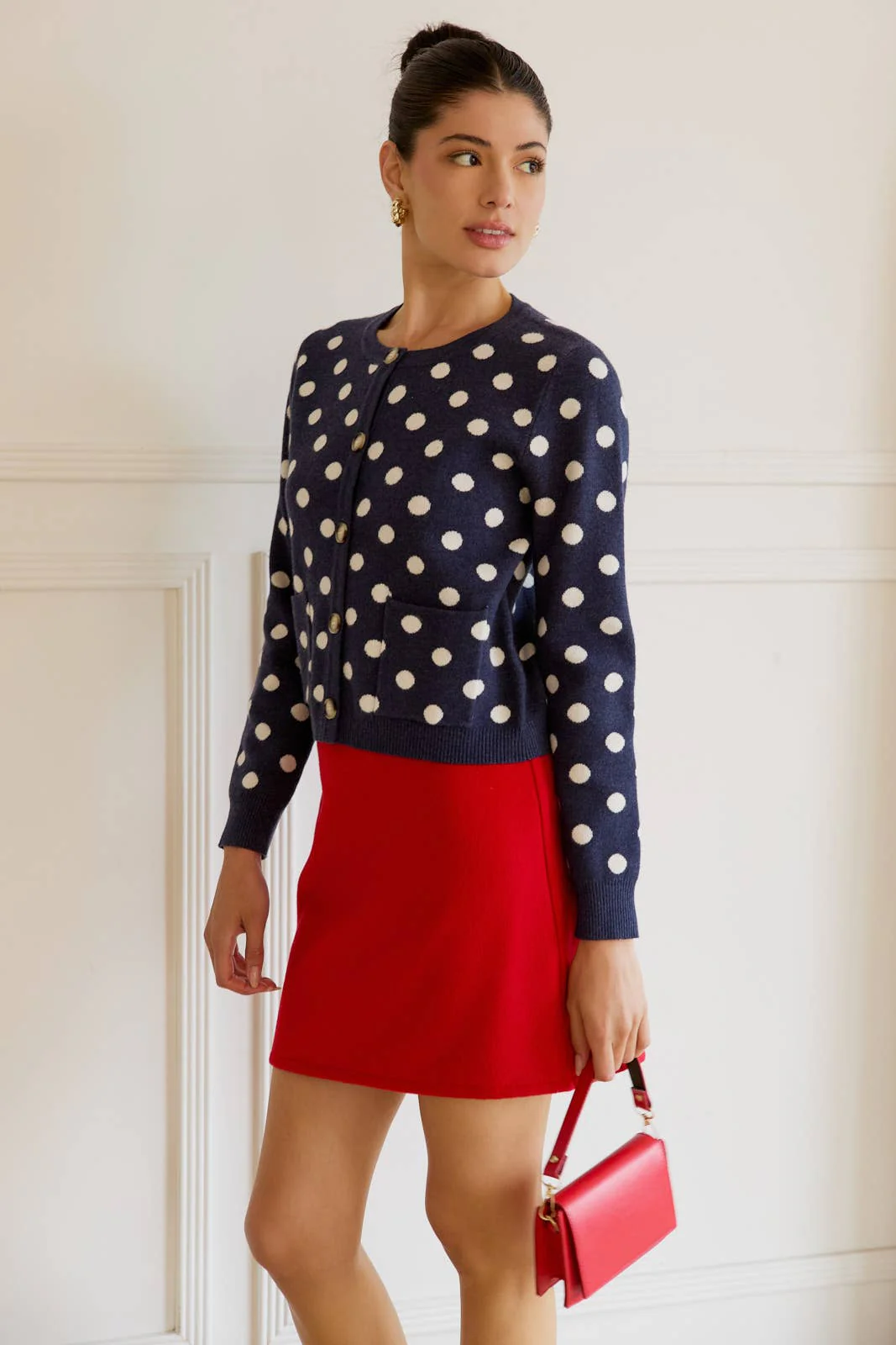 ROUND NECK BUTTON UP POLKA DOT SWEATER CARDIGAN - XAYUYUE