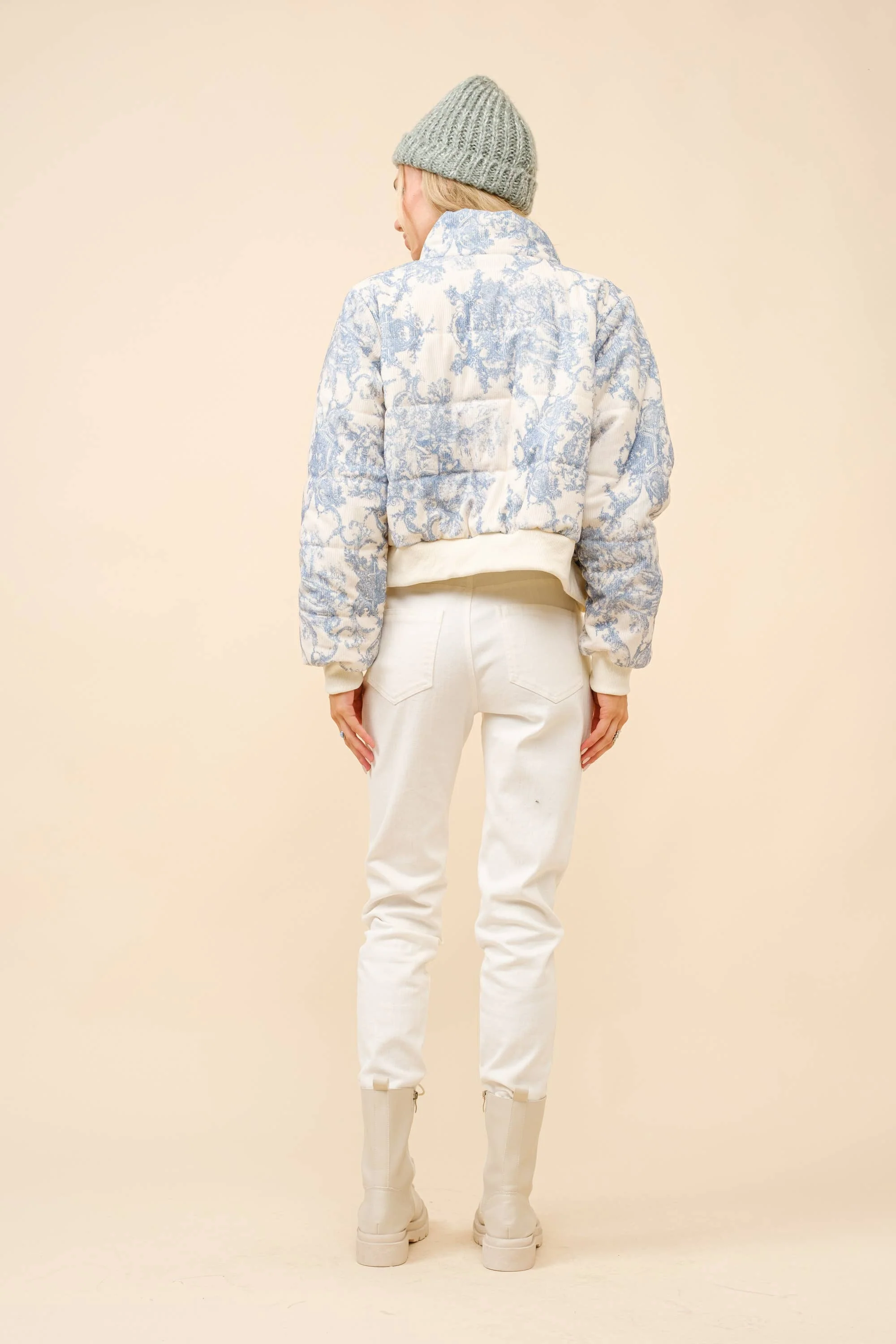 36283J - Toile Inspired Corduroy Puffer Crop Jacket: BLUE / L - XAYUYUE