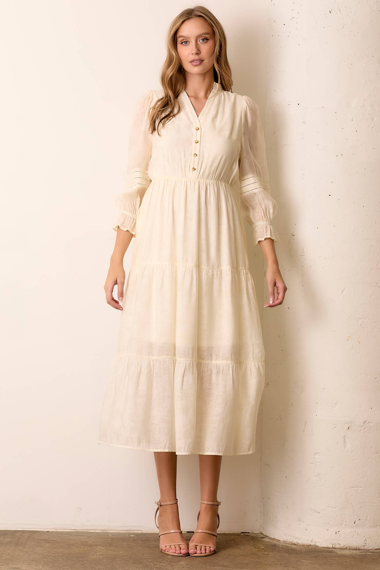 V-Neck Long Sleeve Midi Dress in Ivory - XAYUYUE