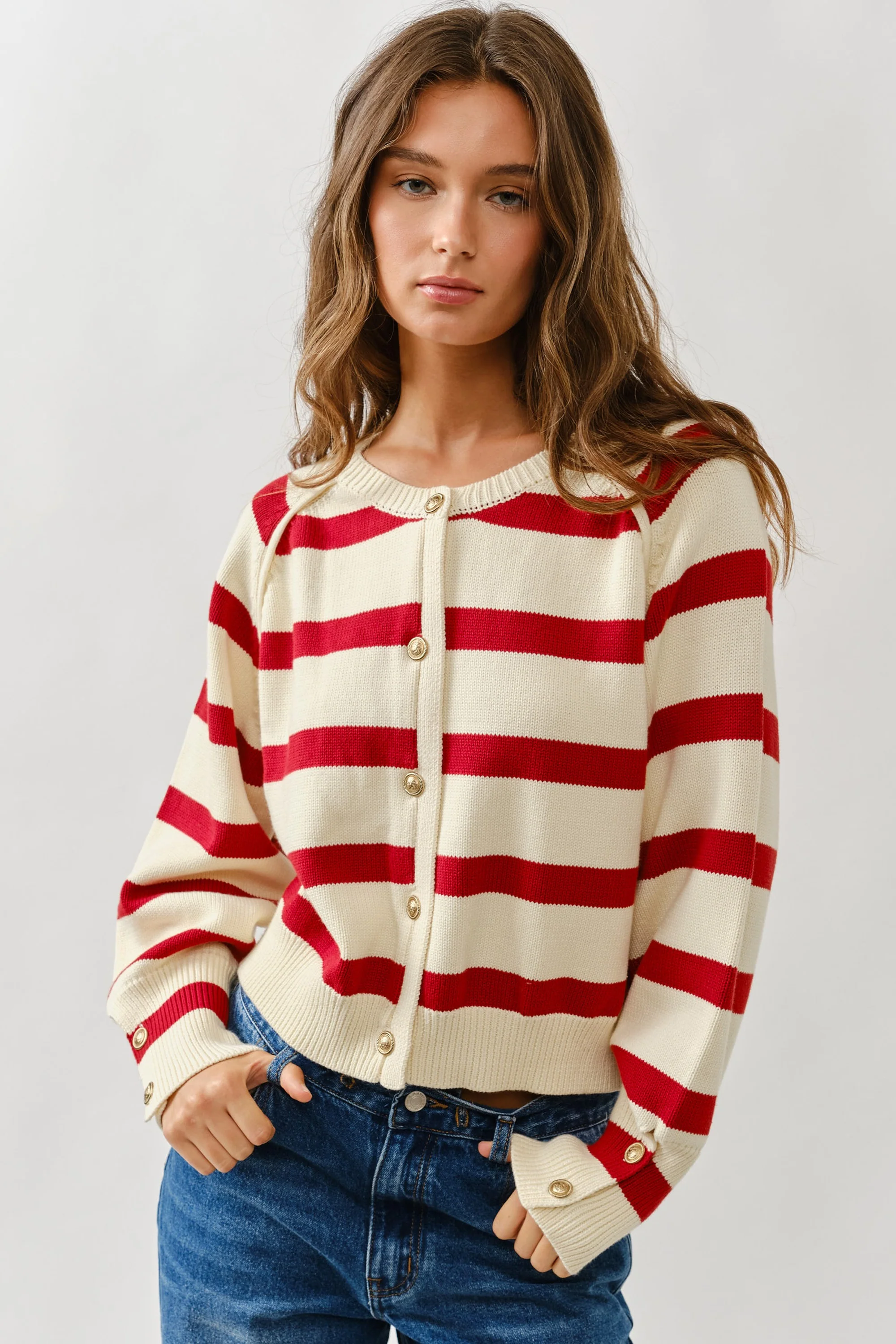 Stripe Raglan Sweater Cardigan - XAYUYUE