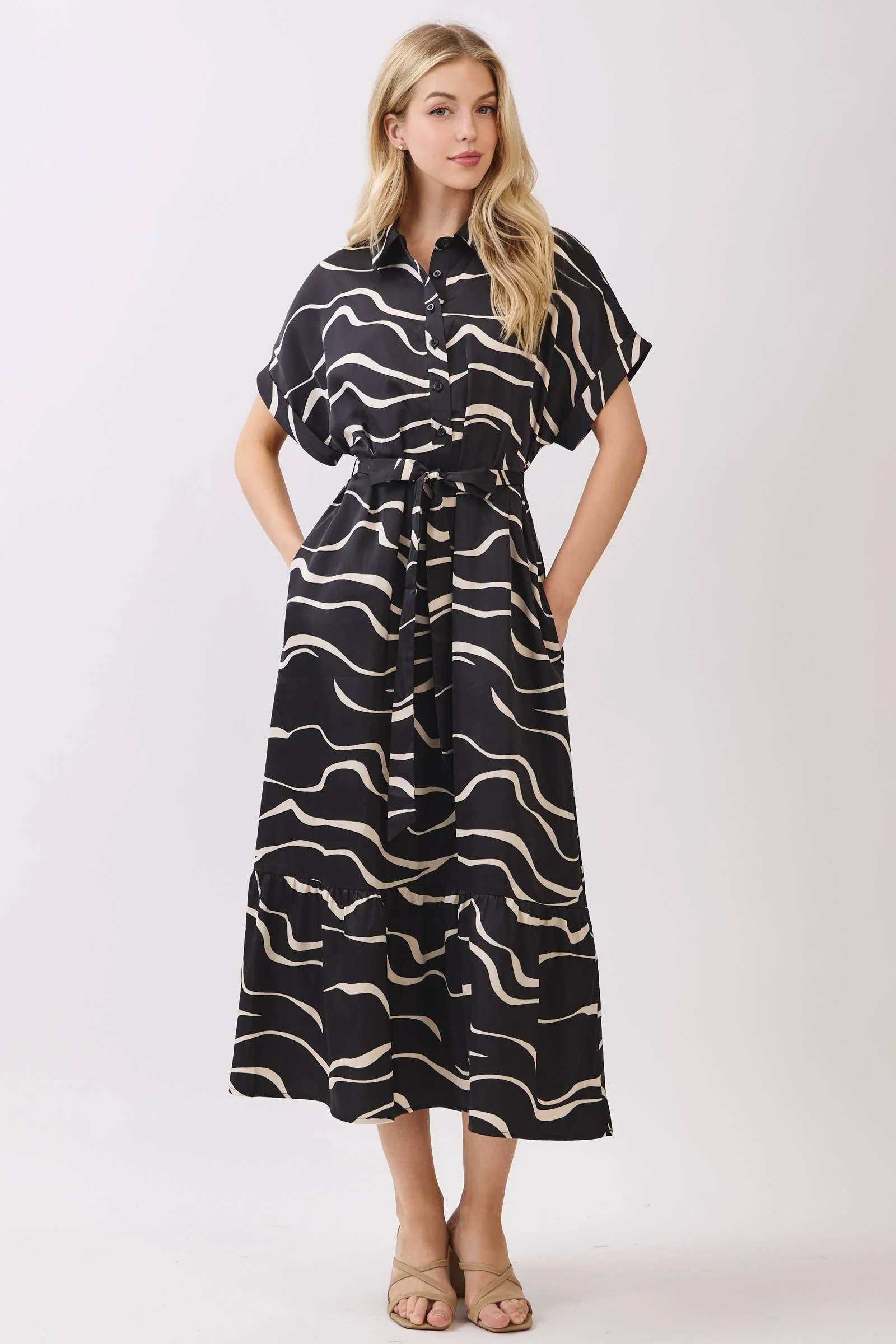 SATIN COLLARD BUTTON DOWN WAIST TIE MIDI DRESS: Black - XAYUYUE