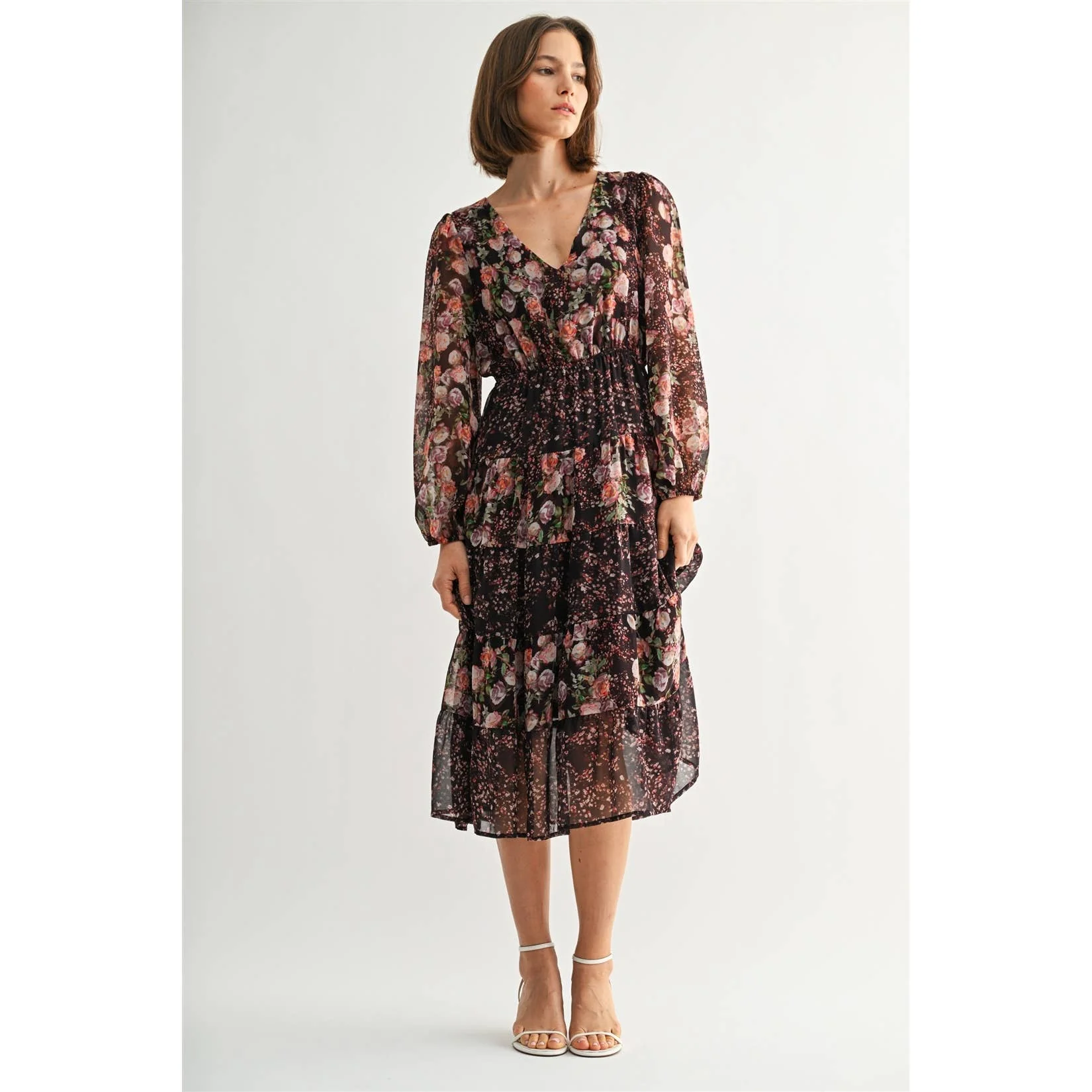 MIX FLOWER V NECK MIDI DRESS: Burgundy - XAYUYUE