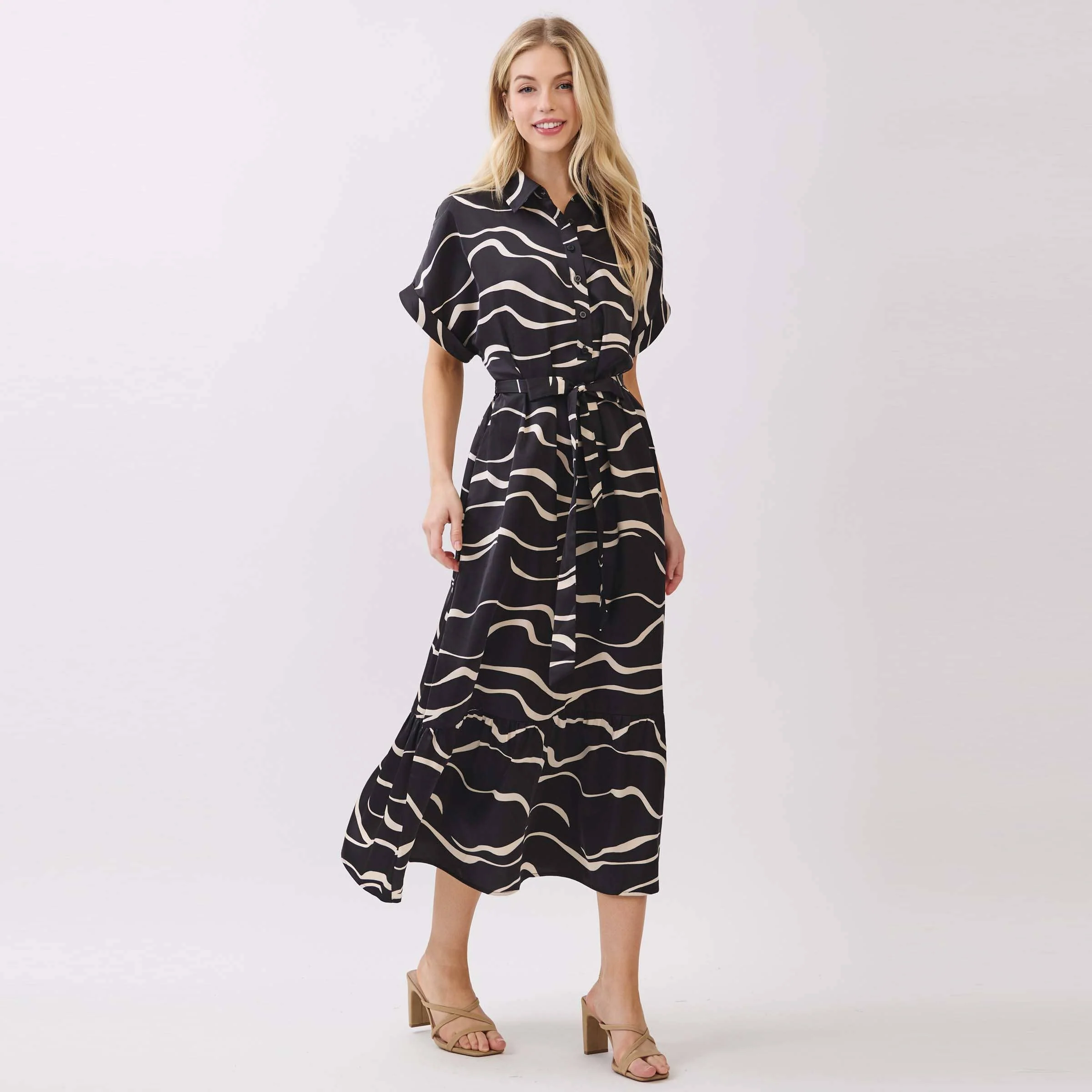 SATIN COLLARD BUTTON DOWN WAIST TIE MIDI DRESS: Black - XAYUYUE