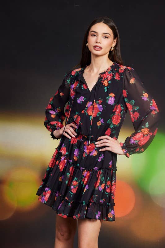 Floral Printed Ruffle Mini Dress: Black-Multi - XAYUYUE