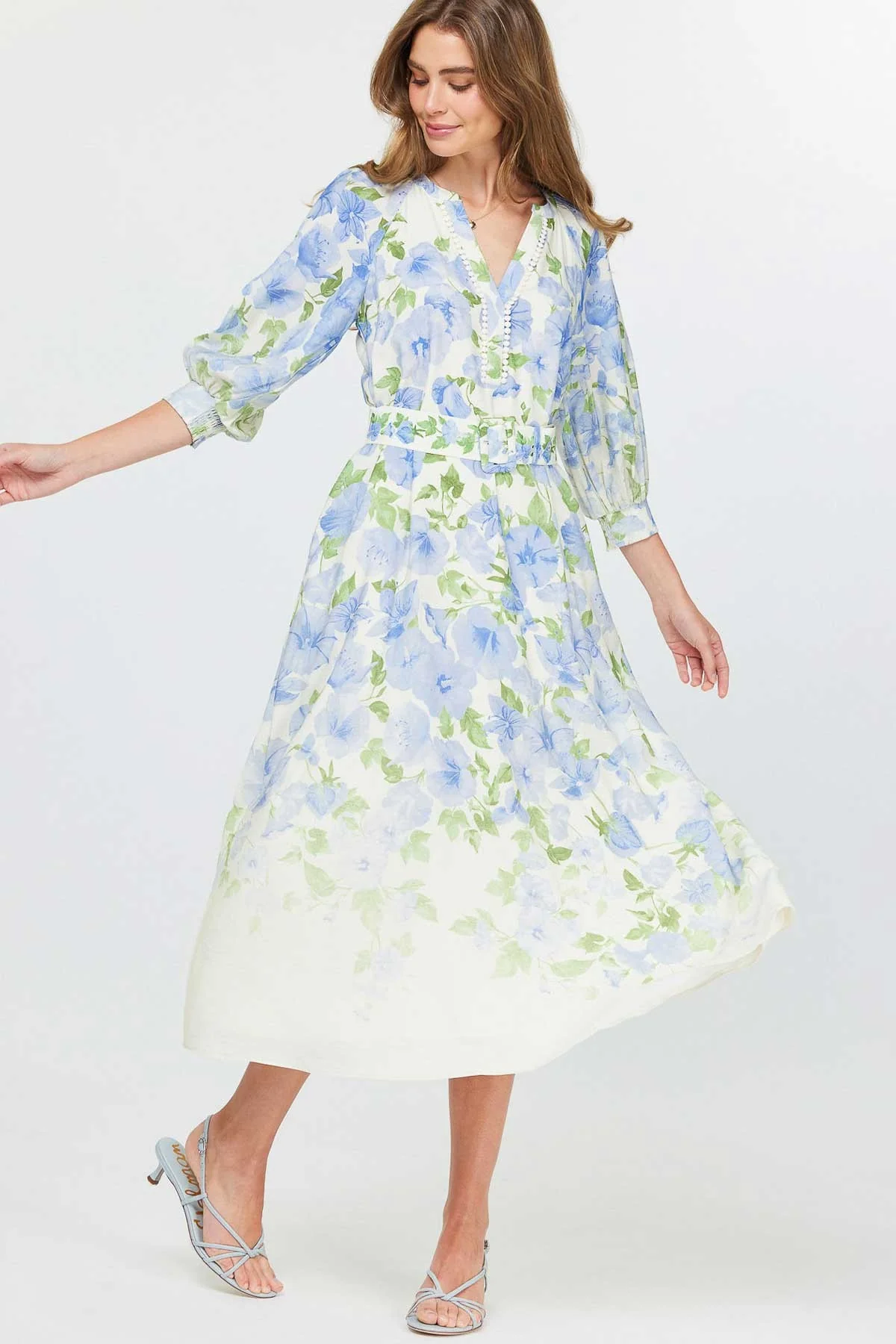 Floral Printed Belted Midi Dress - XAYUYUE