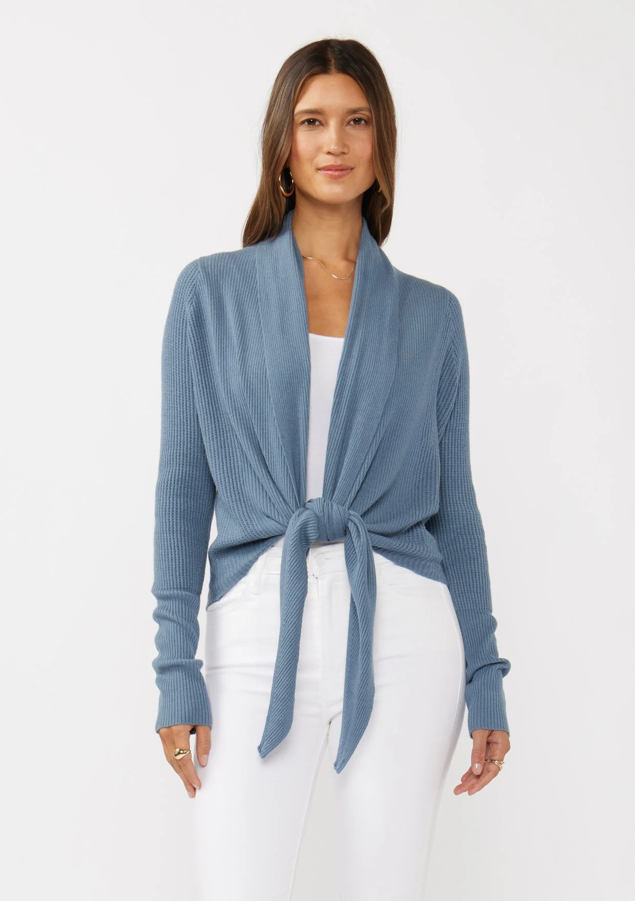Waffle Knit Long Sleeve Tie Front Cardigan - XAYUYUE