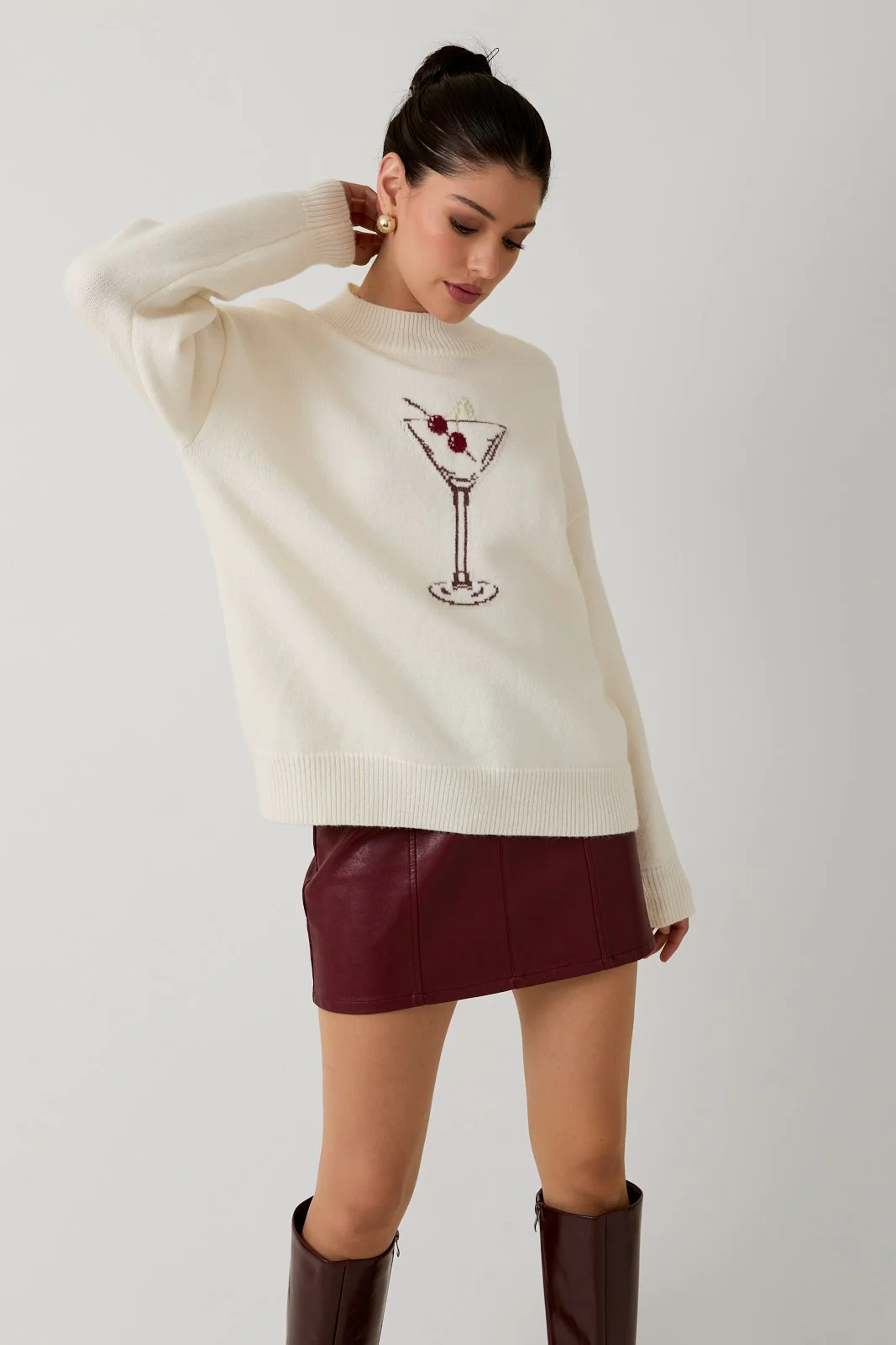 Mock Neck 'Cherry Martini' Graphic Sweater - XAYUYUE