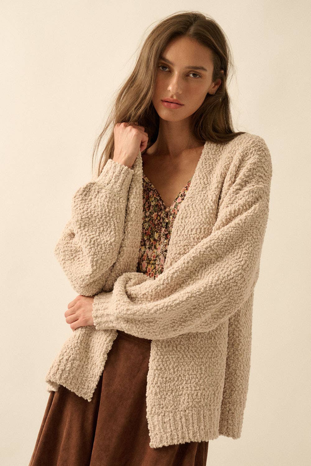 Textured Popcorn Knit Open-Front Cardigan - XAYUYUE