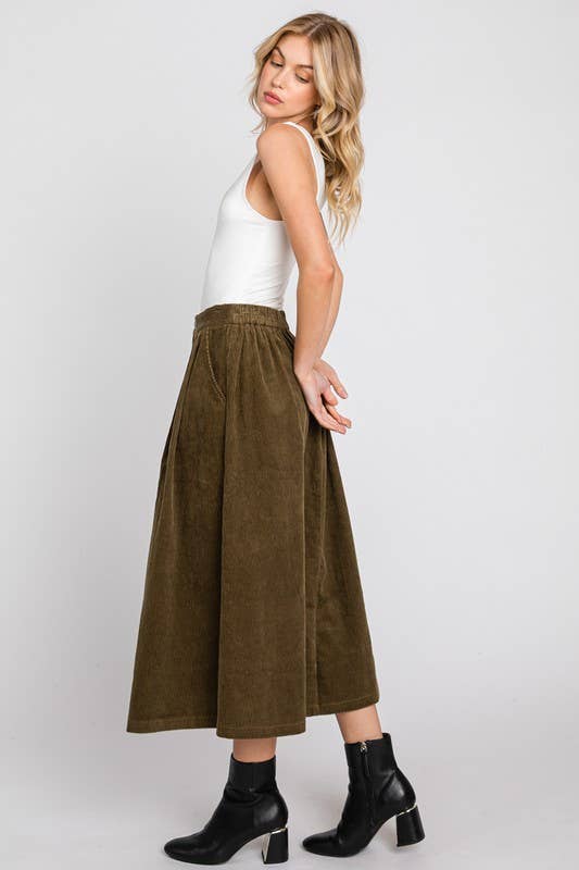 SOLID CORDUROY MIDI SKIRT W/ PLEATED DETAILS: OLIVE - XAYUYUE