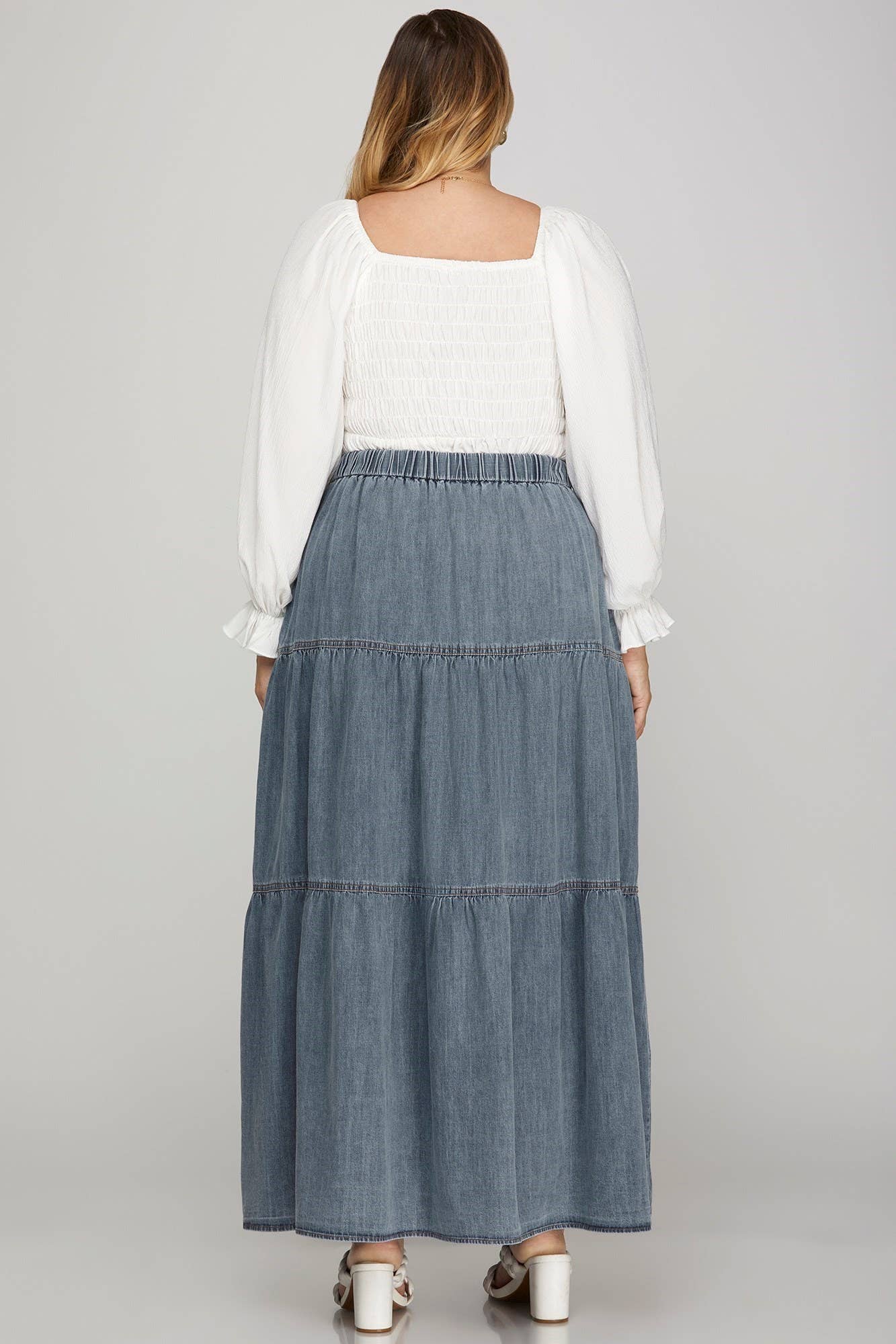 Plus Washed Denim Tiered Long Skirt: DENIM BLUE - XAYUYUE