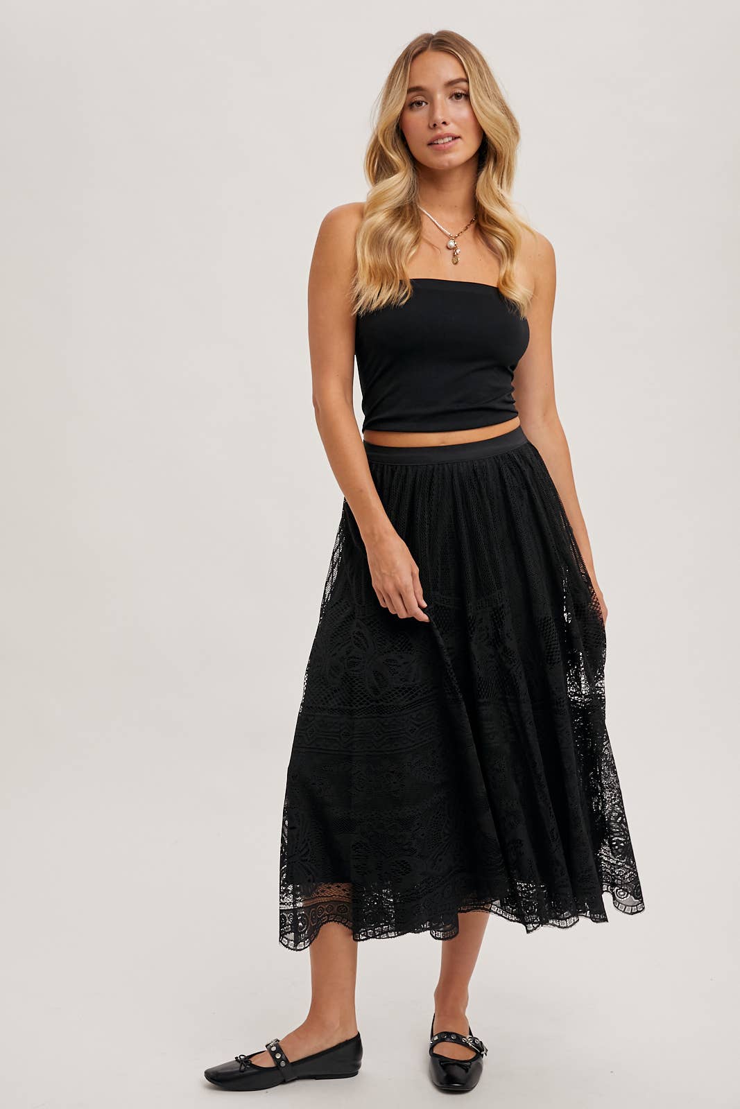 BOHO LACE MIDI SKIRT WITH LINING: Black - XAYUYUE