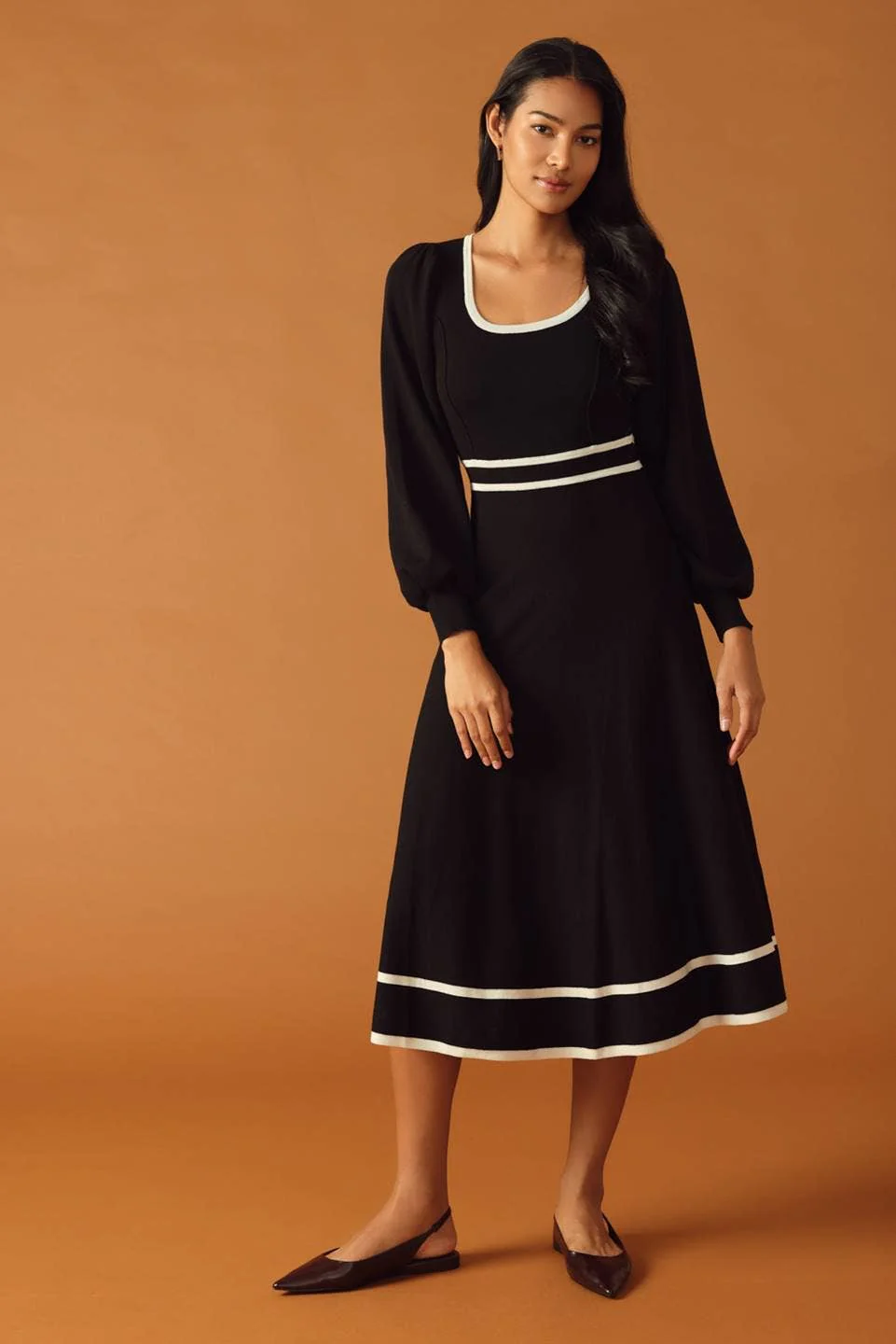 Sweater Knit Midi Dress: BLACK IVORY - XAYUYUE