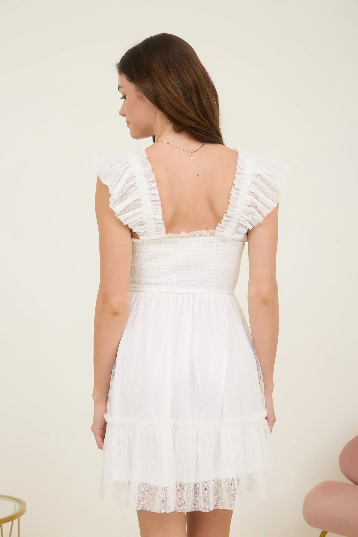 Polka Dot Chiffon Smocked Ruffle Detail Mini Dress - XAYUYUE