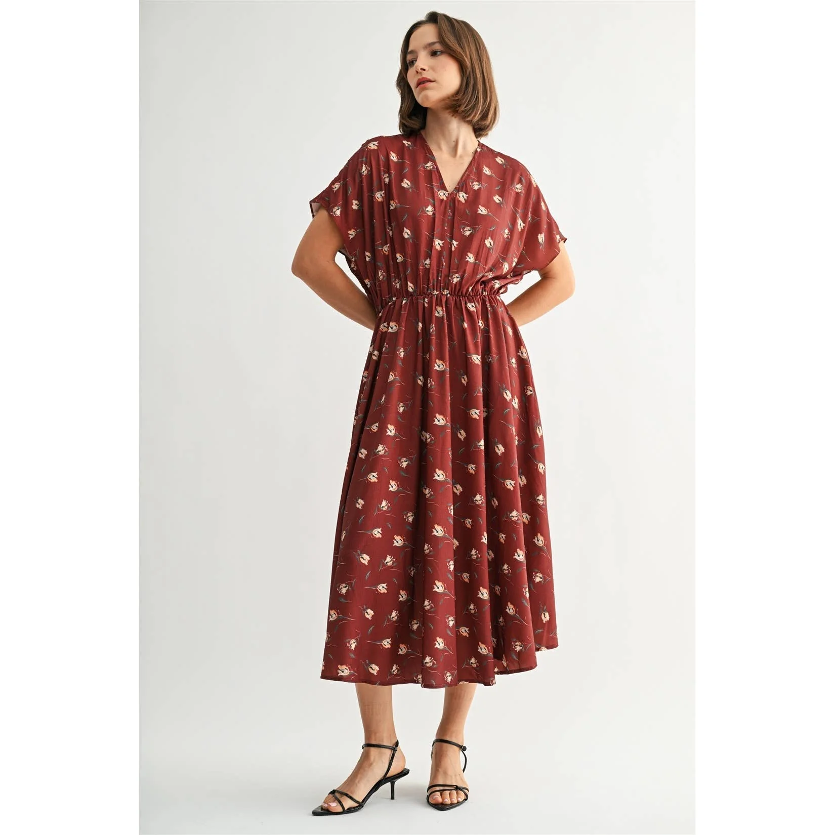 FLOWER PRINTED CRINKLE SATIN DRESS: Rust - XAYUYUE