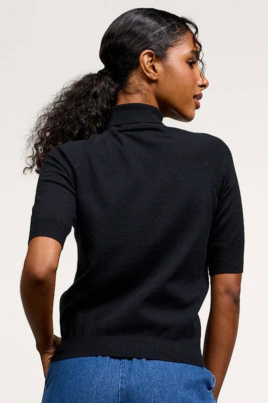 Mock Neck Half Sleeve Knit Top: Black - XAYUYUE