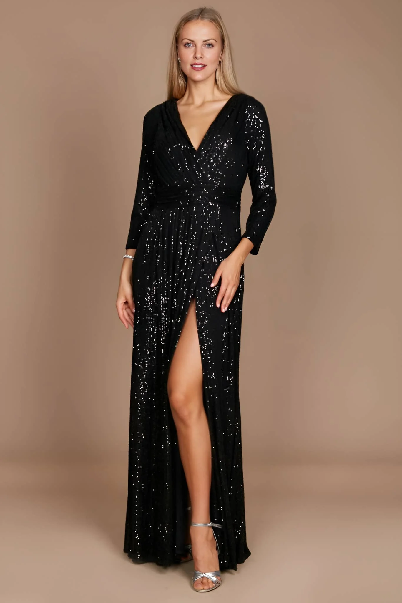 Long Sleeve Sequin Formal Hand Beaded Dress : Navy / 8 - XAYUYUE