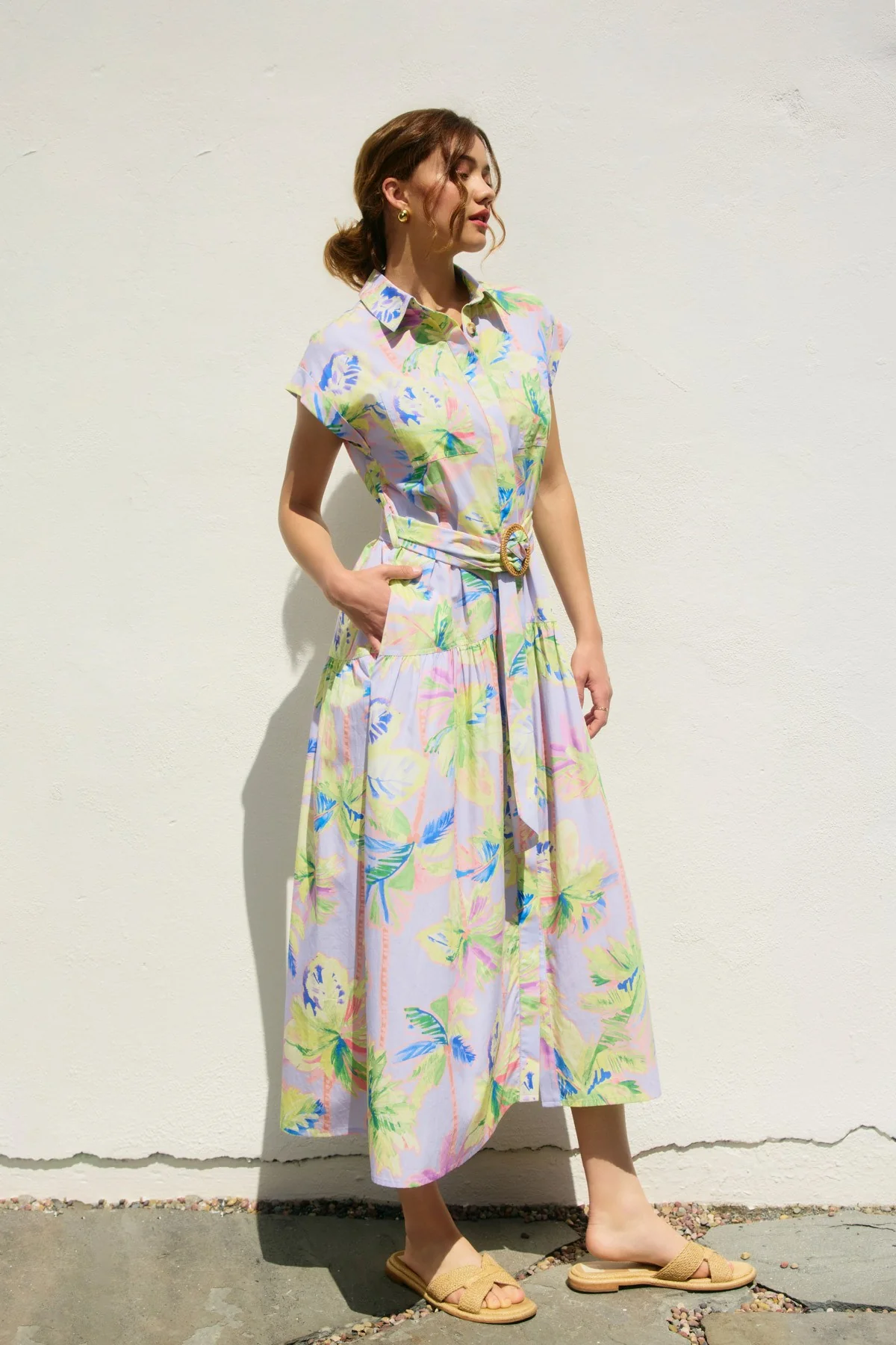 Floral Radiance Sash Belt Shirt Dress - XAYUYUE