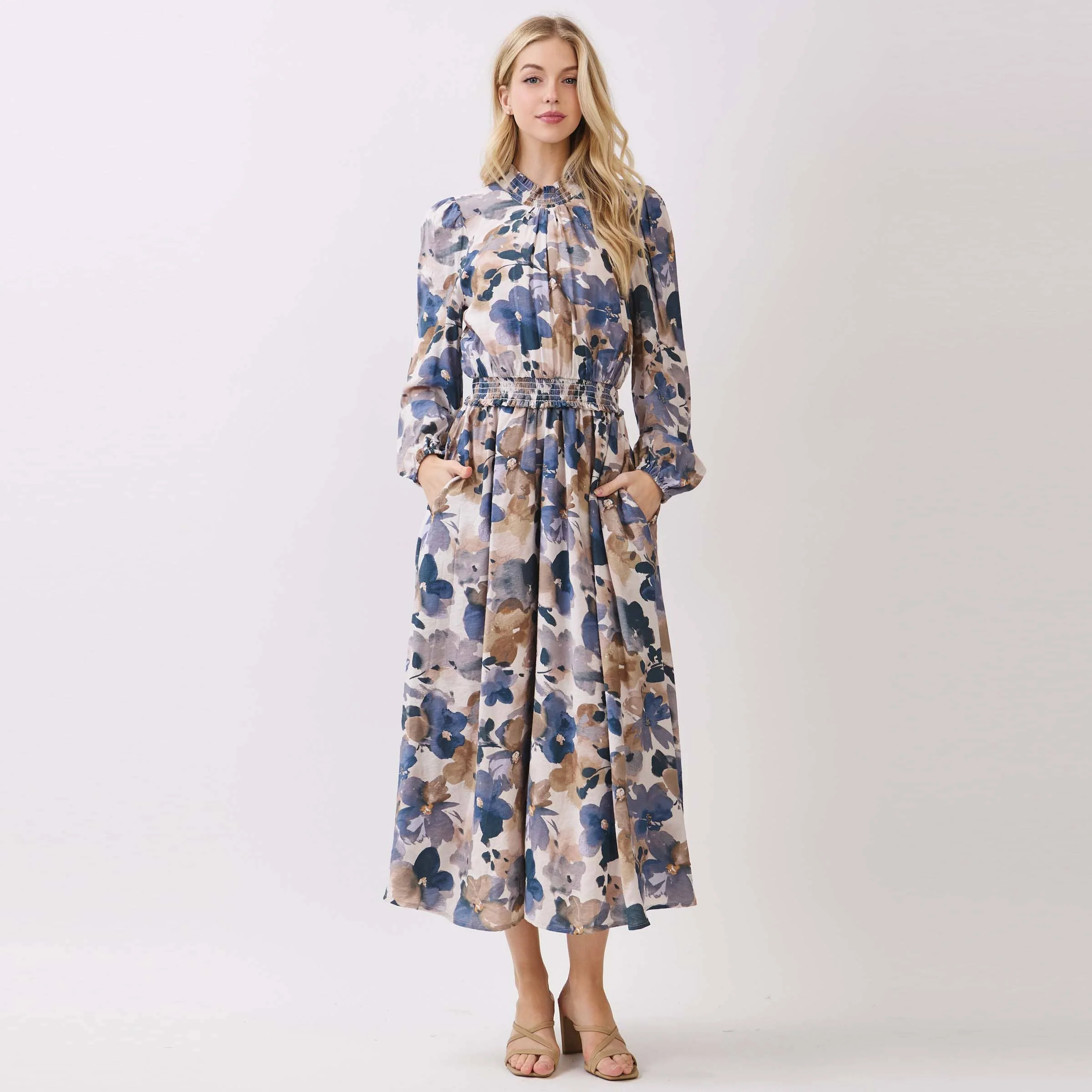 SMOCK NECK & WAIST RUFFLE MAXI FRONT SLIT DRESS: PURPLE BLUE - XAYUYUE