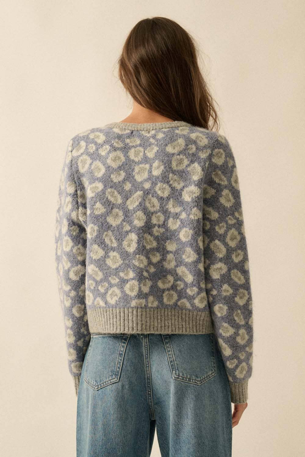 Leopard-Print Button-Front Cardigan: Retro Blue - XAYUYUE