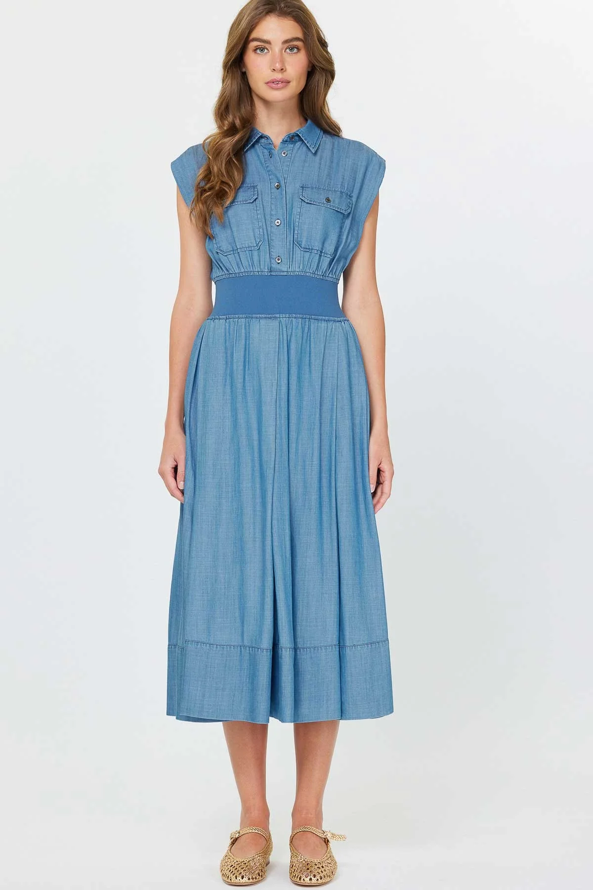 Cap Sleeve Midi Length Shirt Dress - XAYUYUE