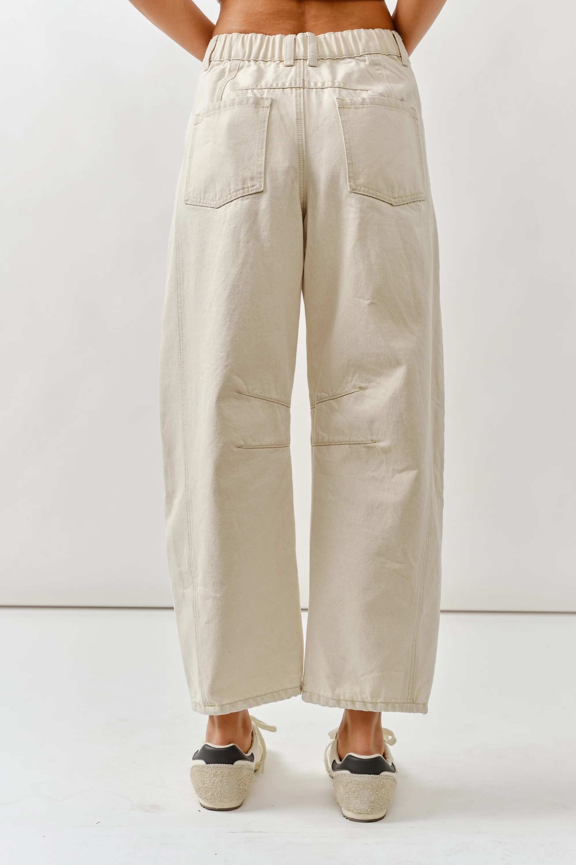 Embroidered Detail Cotton Barrel Pants in Beige - XAYUYUE