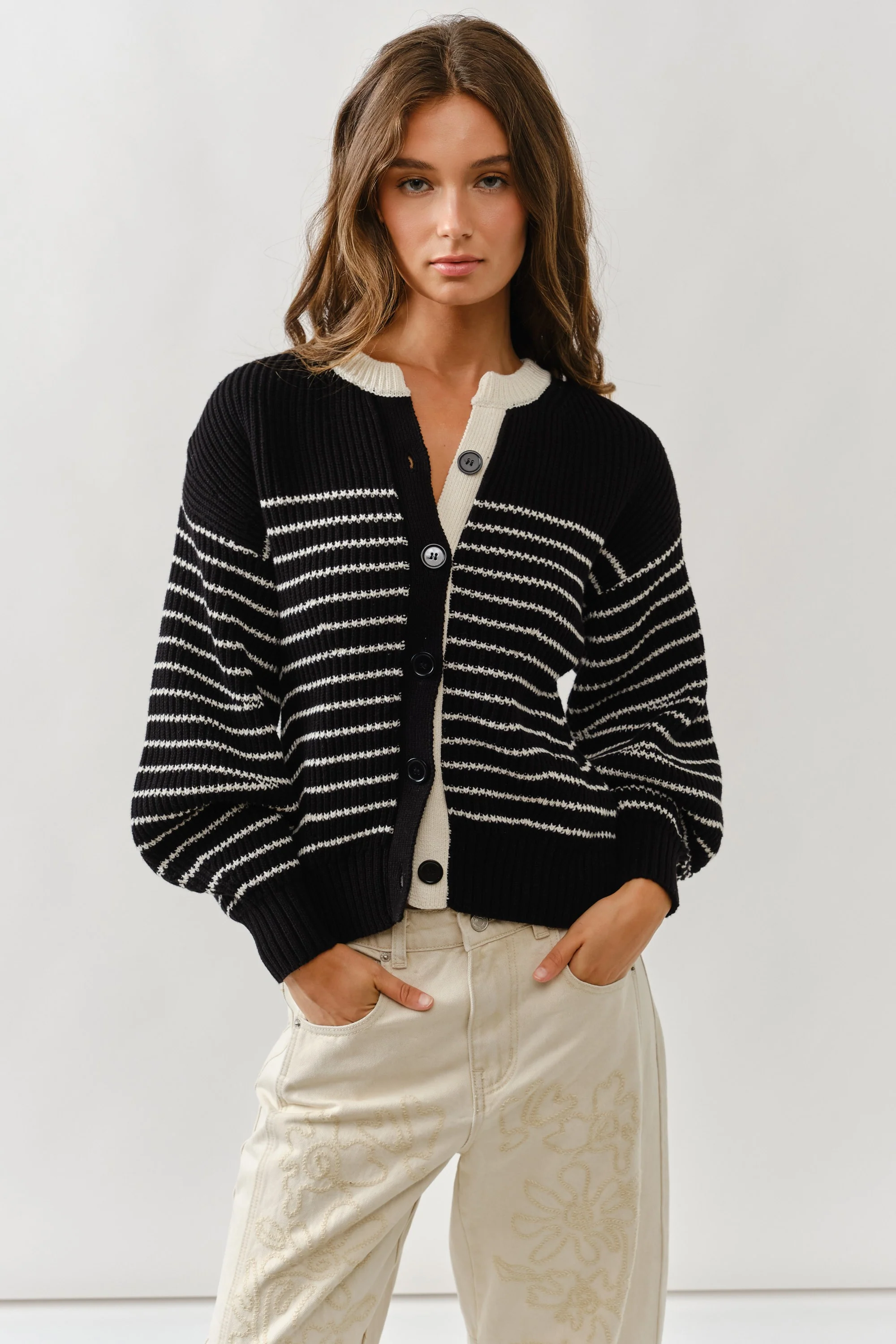 Voluminous Sleeve Stripe Cardigan - XAYUYUE