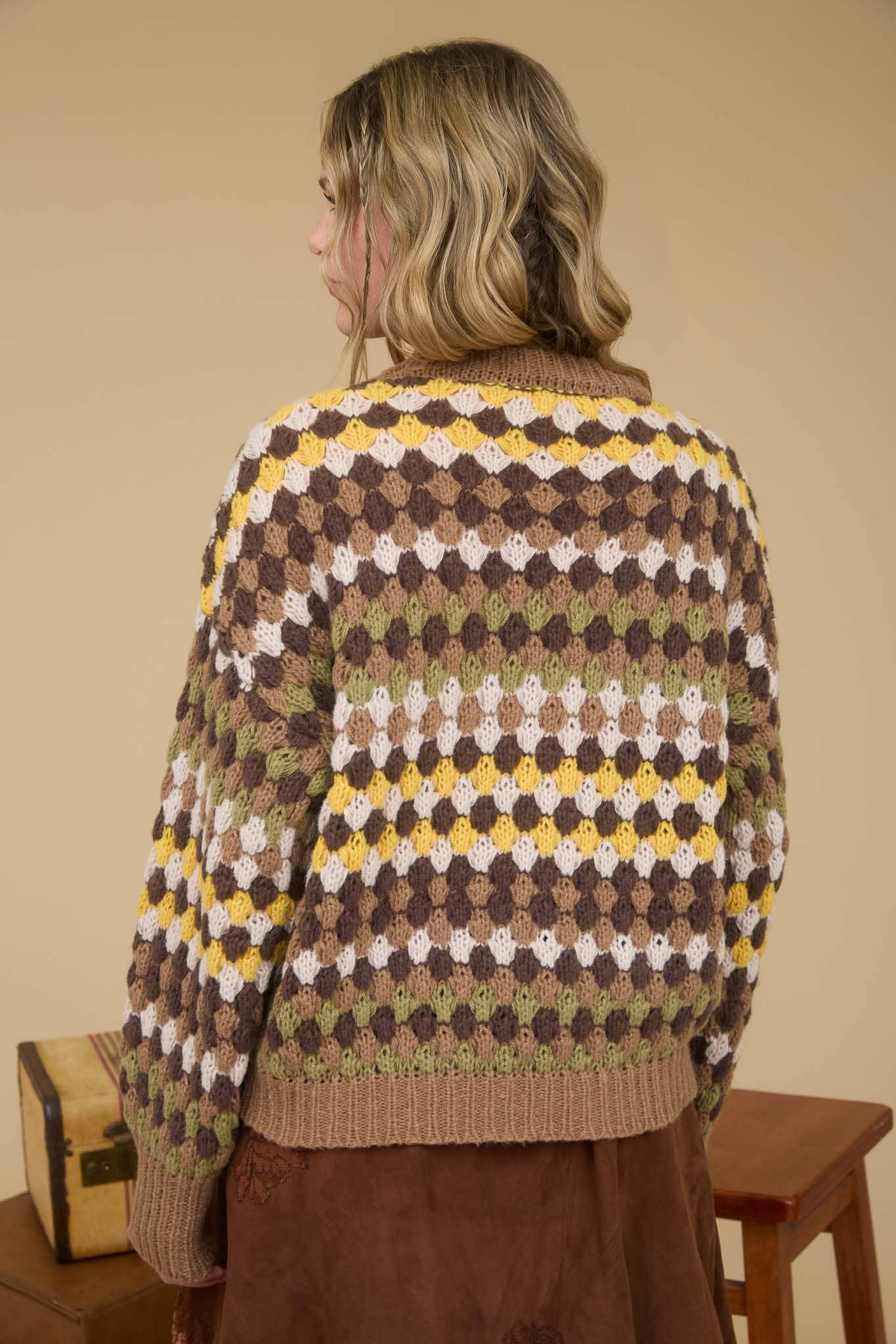 MULTICOLOR KNIT CREWNECK PULLOVER SWEATER: BROWN MULTI - XAYUYUE