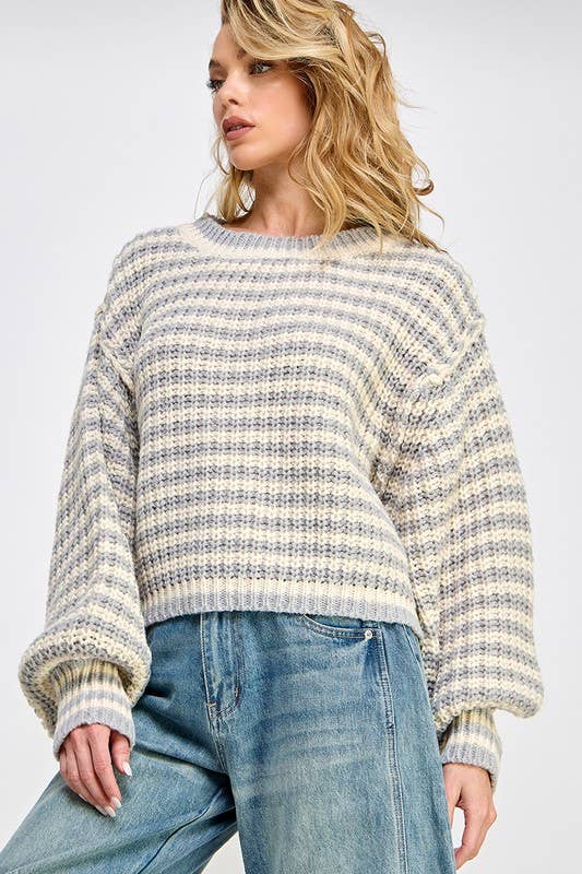 STRIPED CROPPED KNIT SWEATER TOP: Off white/Stone - XAYUYUE