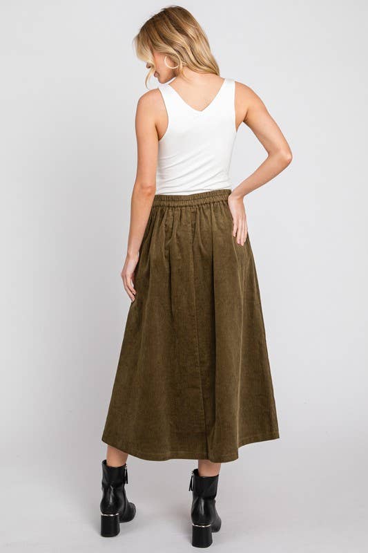 SOLID CORDUROY MIDI SKIRT W/ PLEATED DETAILS: OLIVE - XAYUYUE