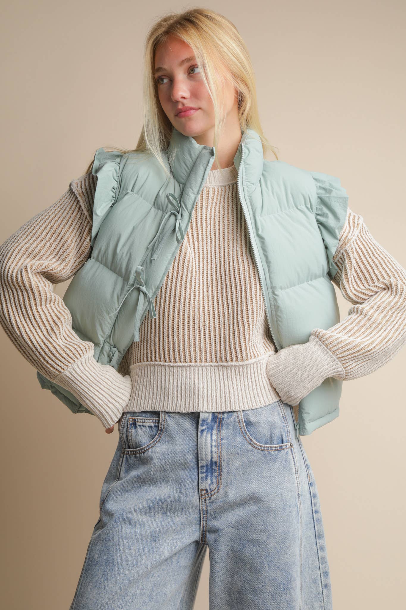 Front Bow Ruffle Sleeve Puffer Vest: SAGE - XAYUYUE