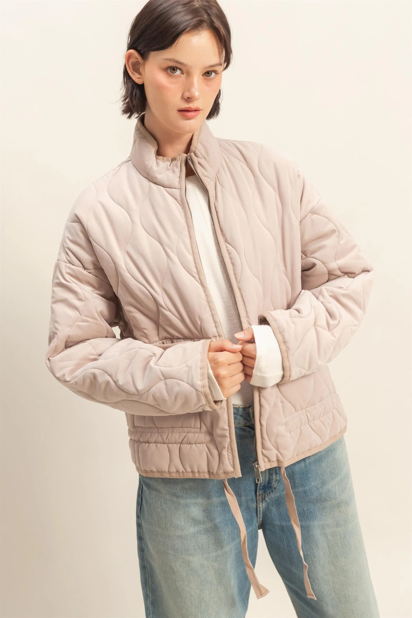 Quilted Jacket With Drawstring Hem - XAYUYUE